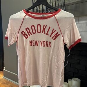 Garage Brooklyn New York Ringer Tee | White & Red Graphic T-Shirt | Size S